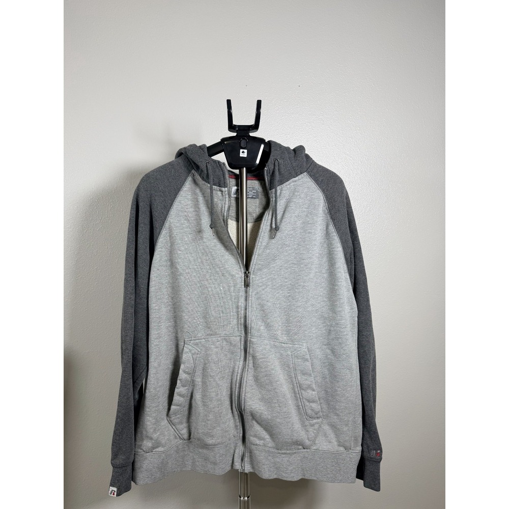 Russell Athletic Hoodie Mens 2XL Gray Cotton Fleece Lined Full Zip Raglan Sleeve